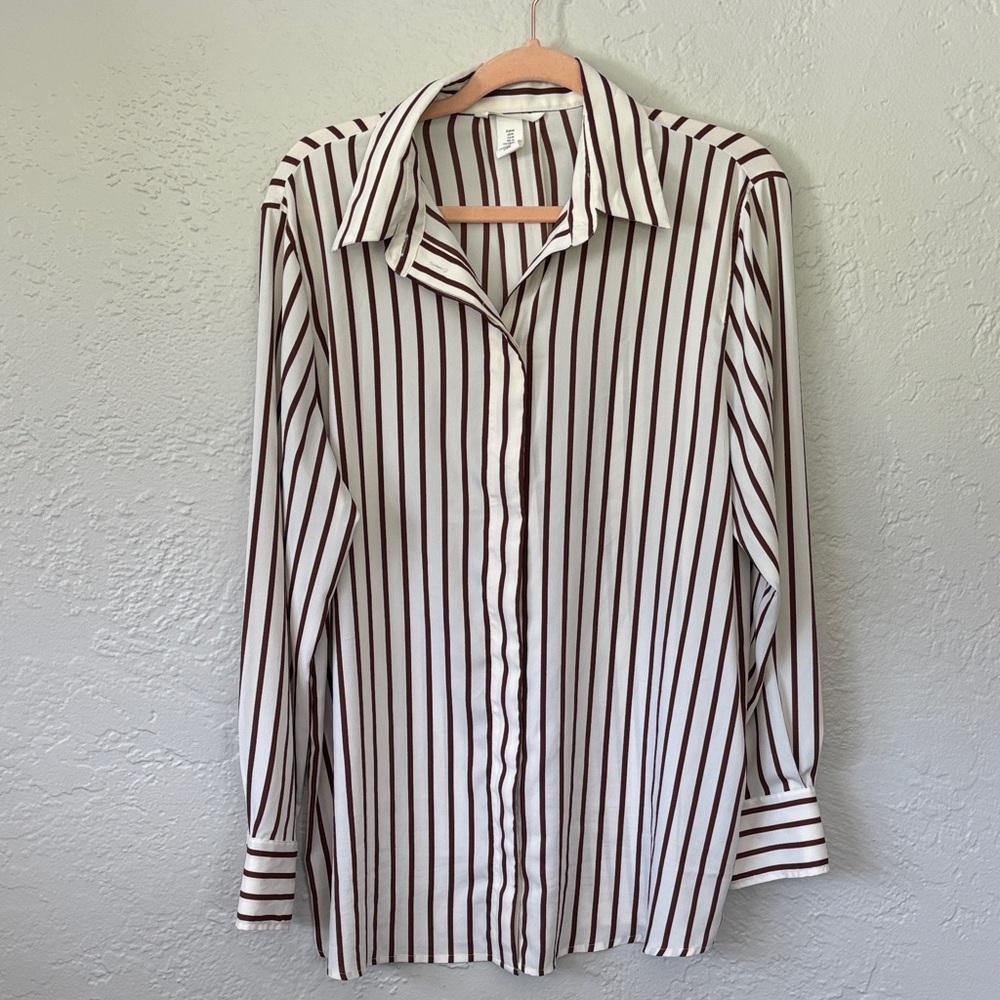 H&M Women’s Long Sleeve  Button Front Brown Vertical Stripe Shirt M